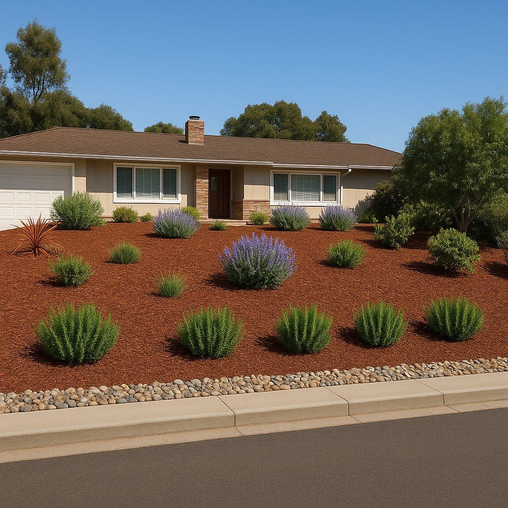 Single-story house with a brown roof and brown mulch landscaping. Green bushes and lavender flowers are planted in the mulch.