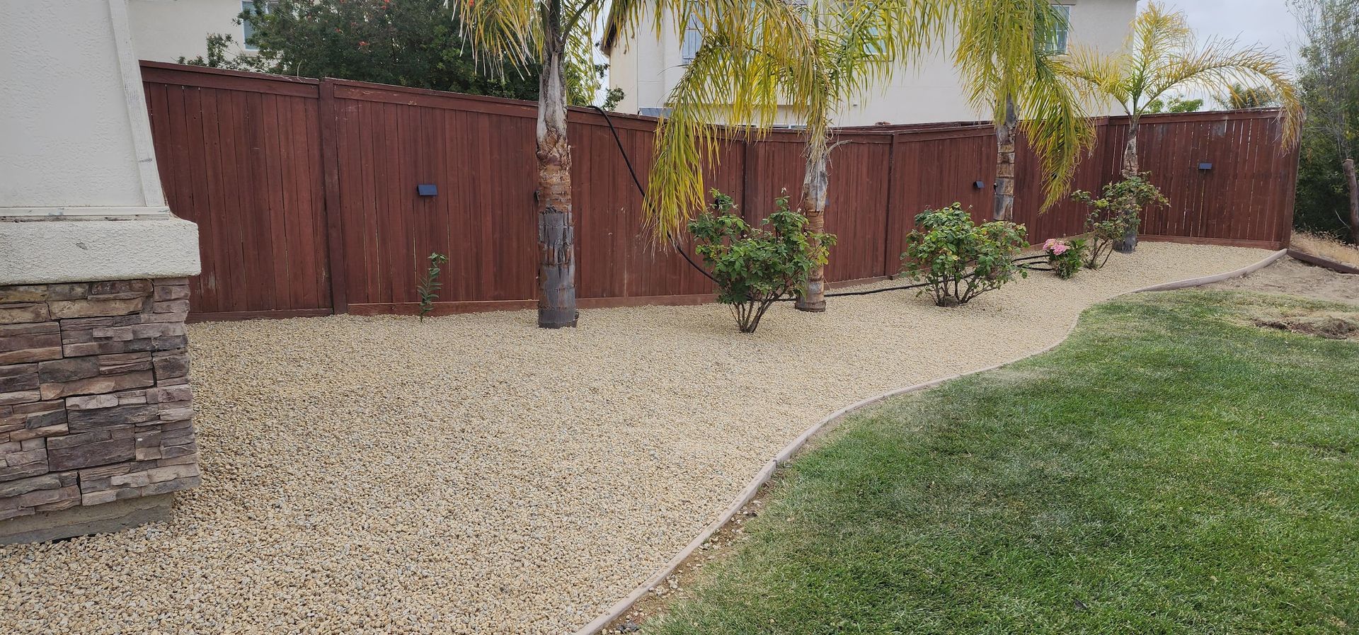 Backyard with brown fence, rock bed, and green grass. Palm trees and bushes in the background.