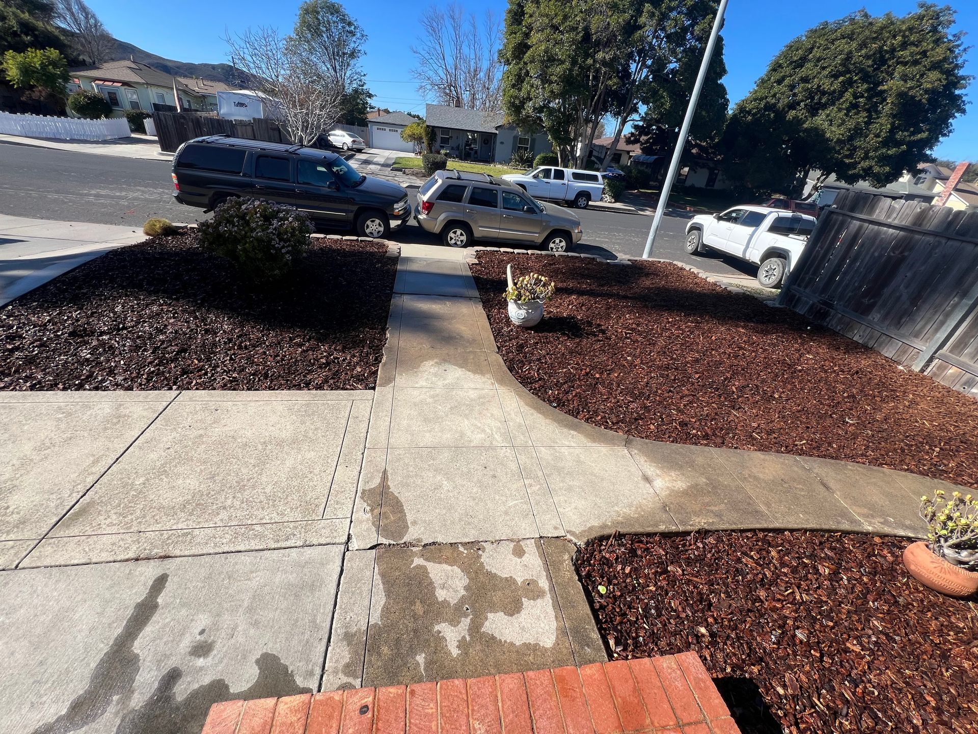 Concrete walkway leads through a landscaped front yard with parked cars on a suburban street.