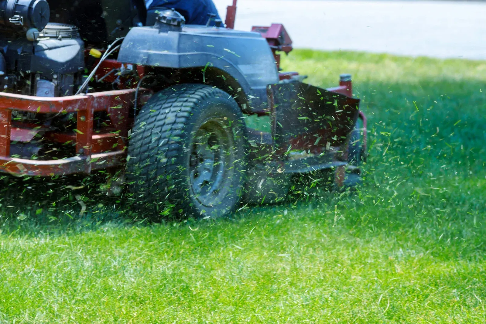 A red zero-turn lawnmower cutting bright green grass, with grass clippings flying.