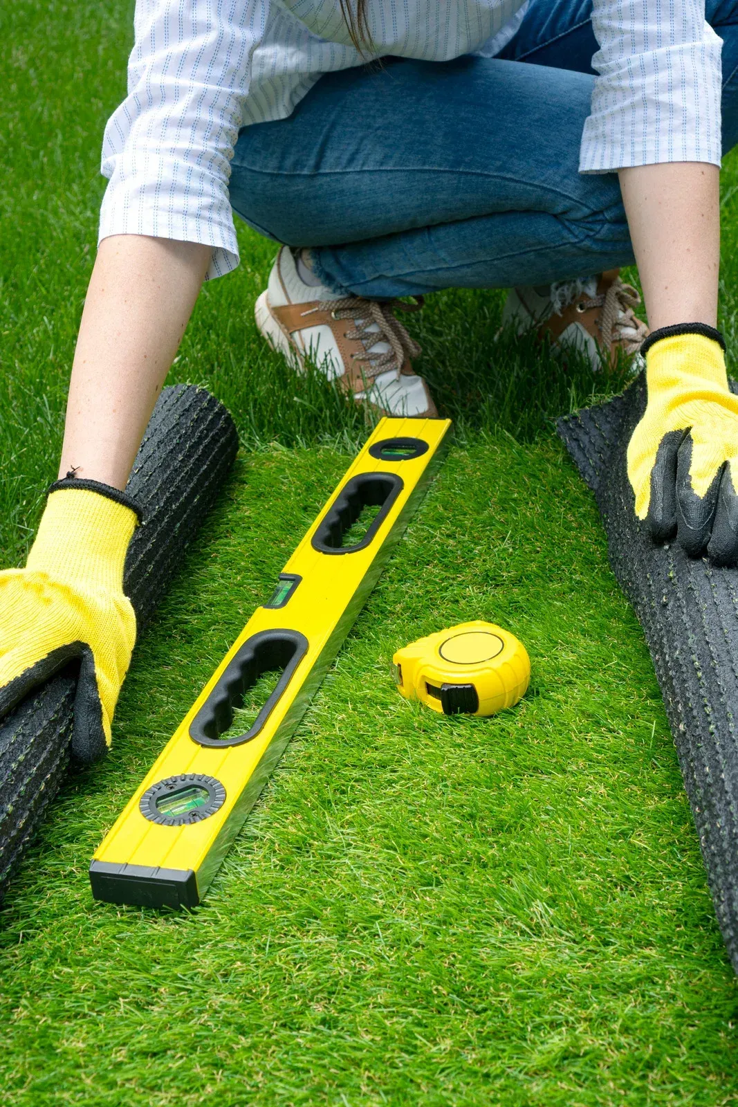 Person kneeling on green grass, using level and tape measure with rolled mats.