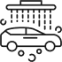 A line-art icon of a car being washed by a shower head with soap bubbles surrounding it. | Cornerstone Auto Solutions