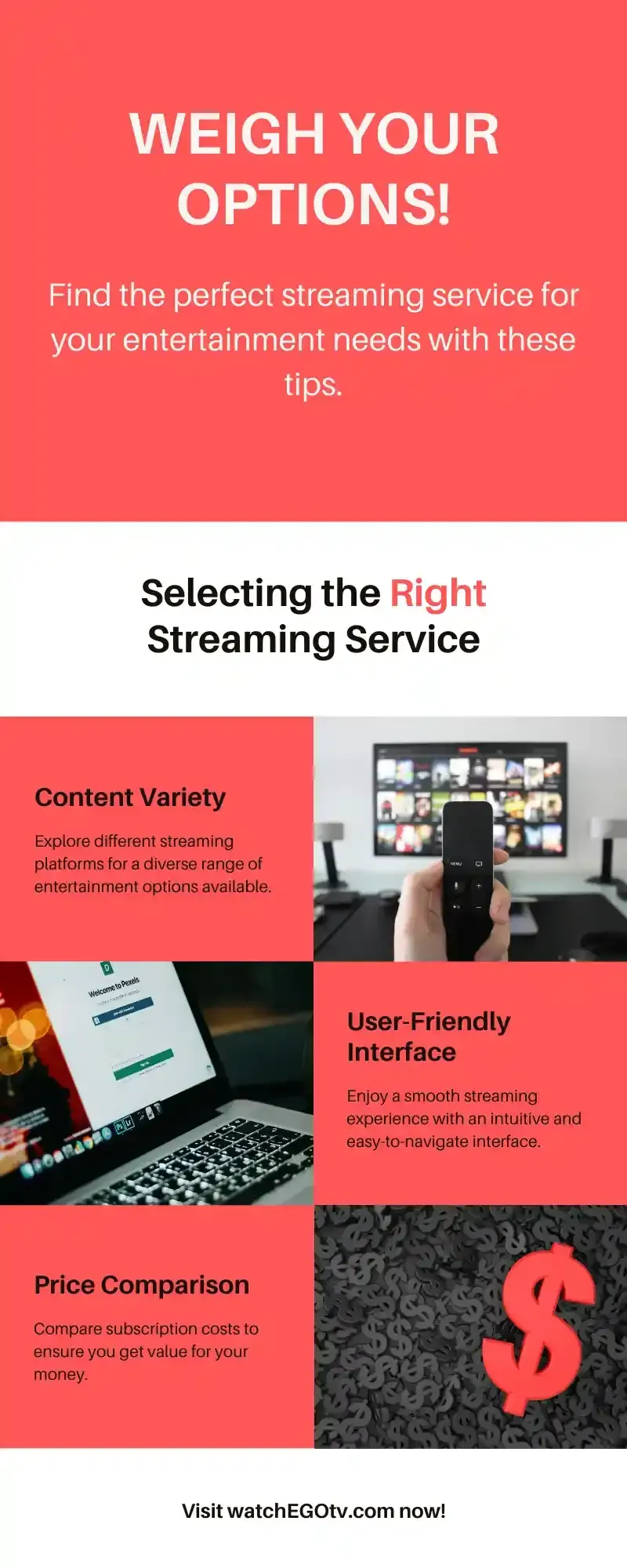 Infographic outlining key factors to consider when selecting the right streaming service: content variety, user-friendly interface, and price comparison