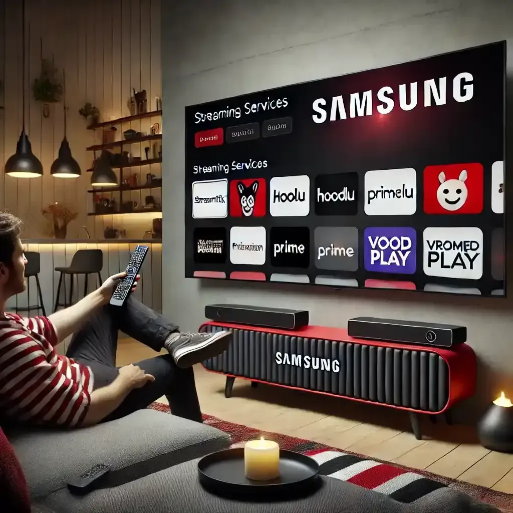Person streaming content on Samsung TV with fictional streaming services like Streamtix, Hoolu, Prim