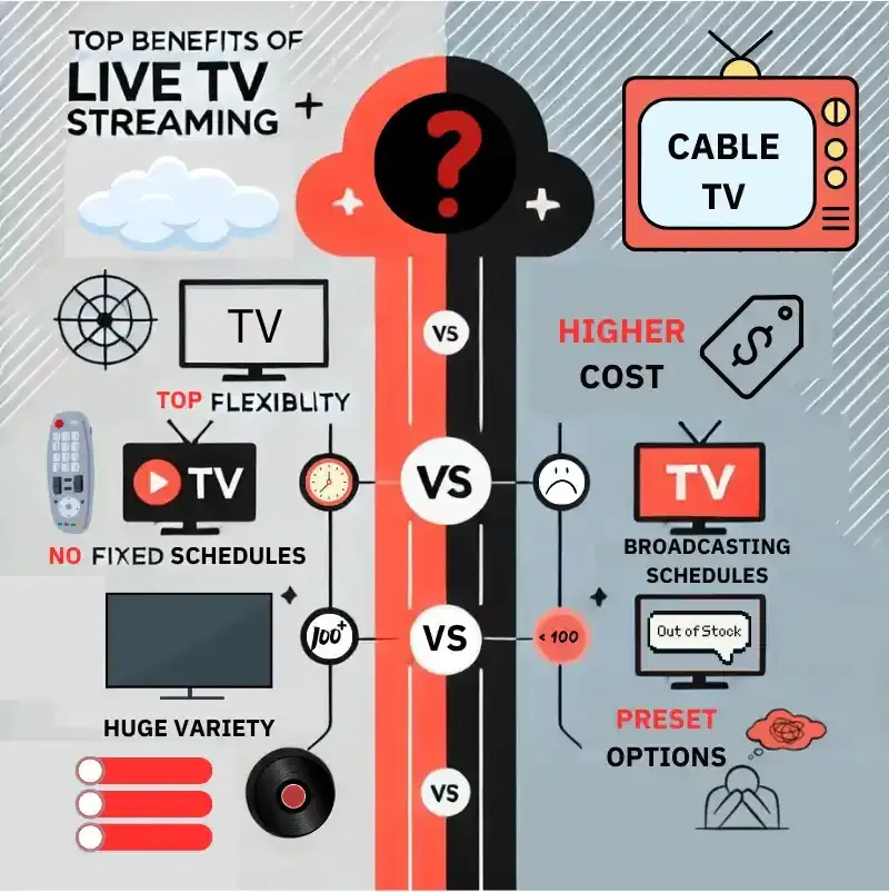 Infographic comparing key benefits of Internet TV versus traditional TV—best streaming service for flexibility, variety, and cost savings