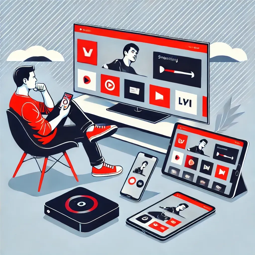 Illustration of a person streaming content on multiple devices, highlighting flexibility 