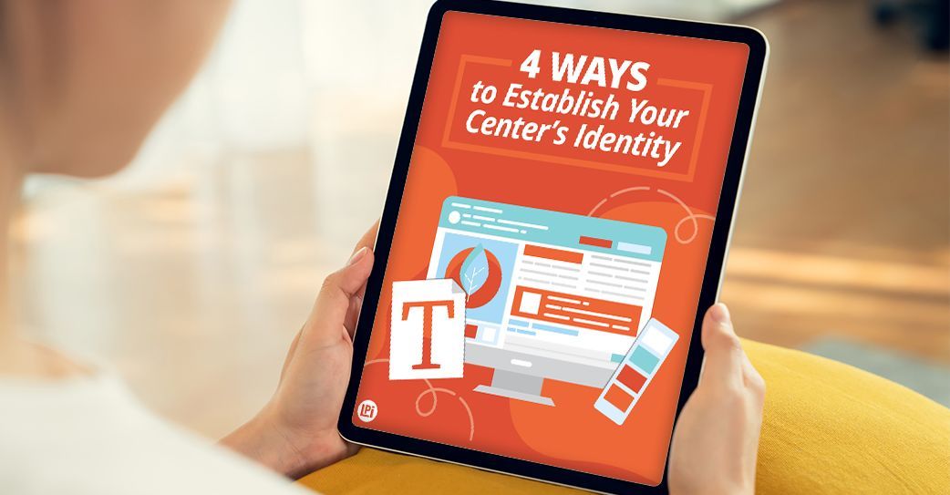 A woman is holding a tablet that says `` 4 ways to establish your center 's identity ''.