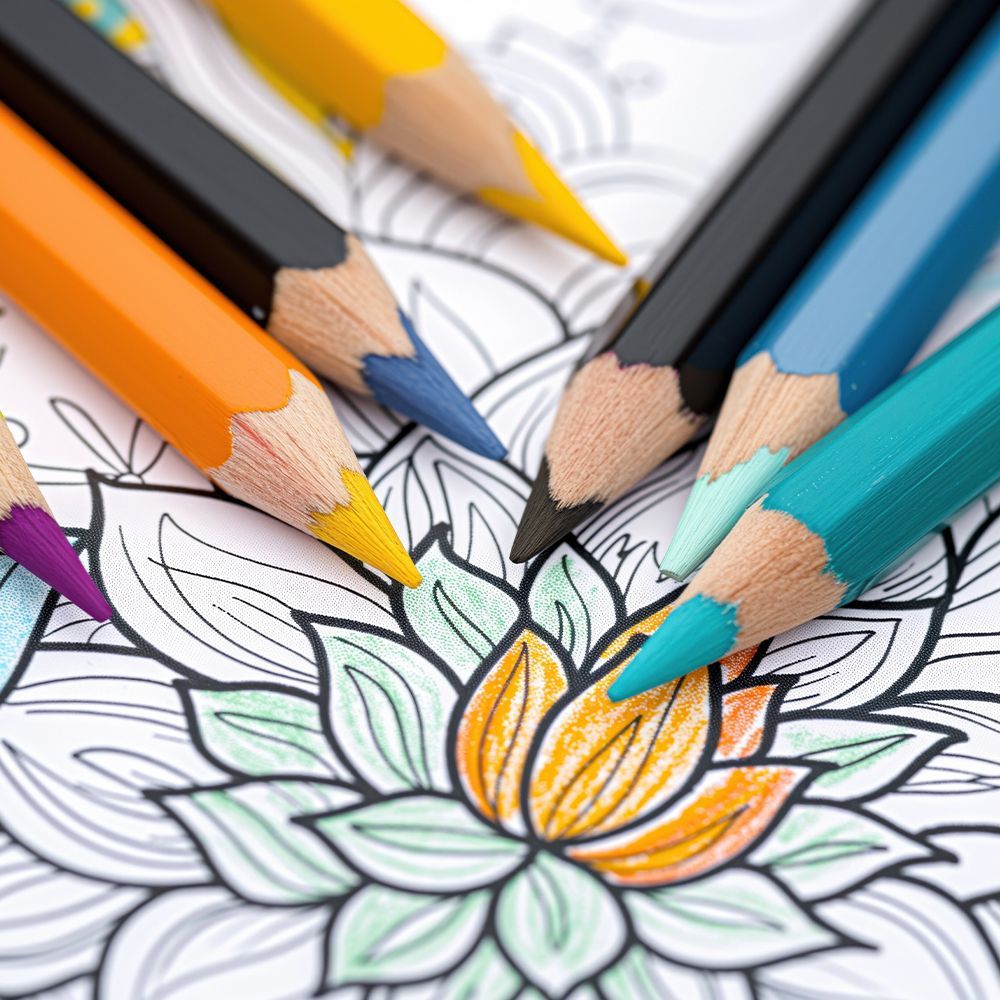 A bunch of colored pencils are laying on top of a drawing of a flower.