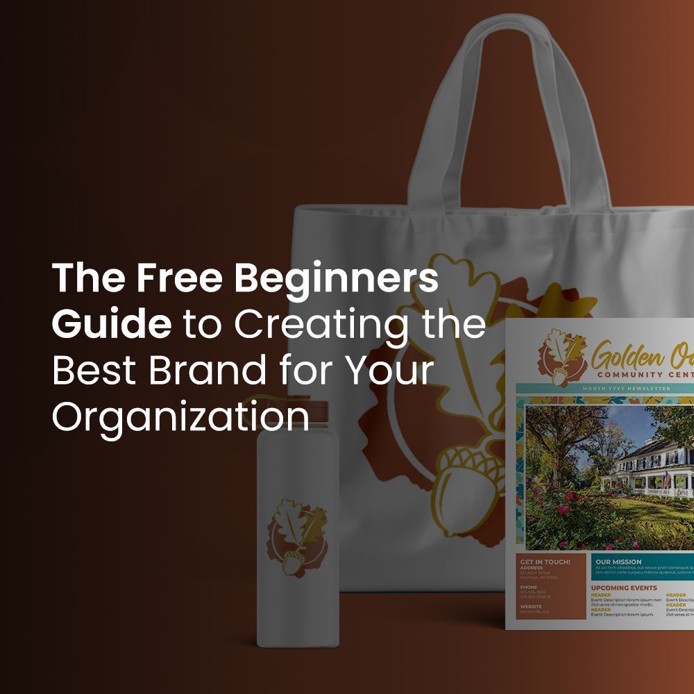 Branding guide featuring tote bag, tumbler, and brochure with Golden Oak logo against a brown backdrop.