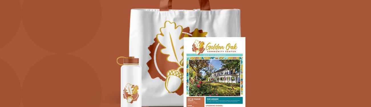 Images of a bag, water bottle, and newsletter with the same beautiful branding. 