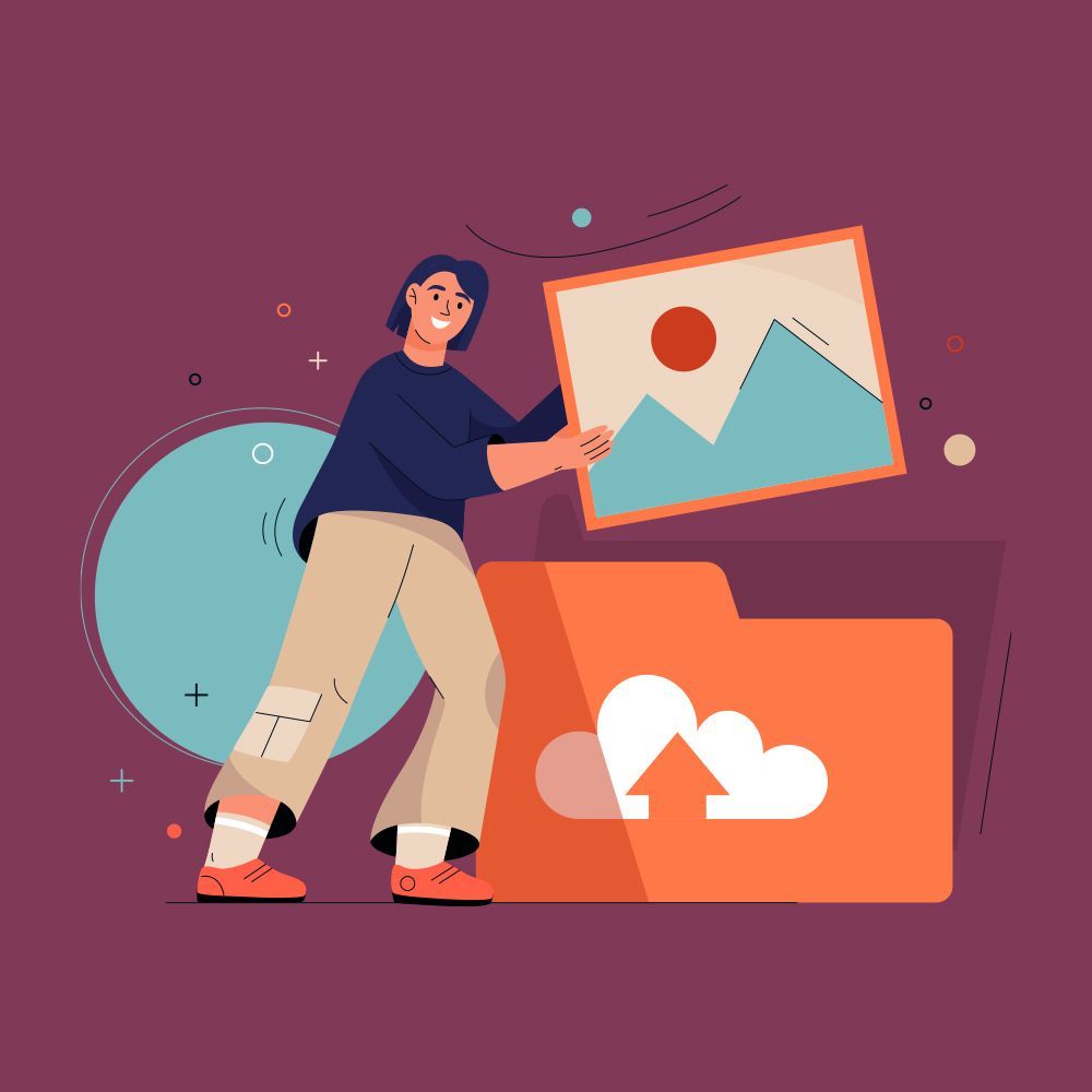 illustration of a person holding a framed image of a landscape