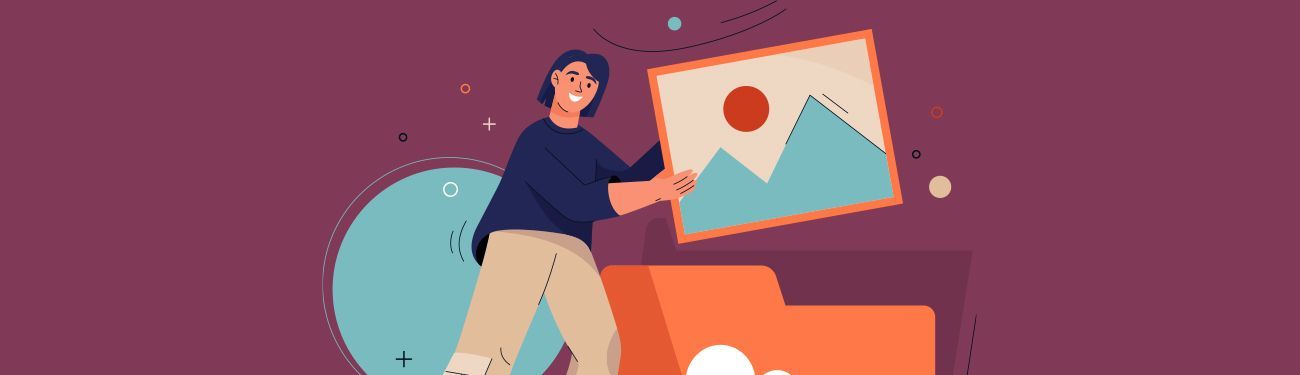 illustration of a person holding a framed image of a landscape