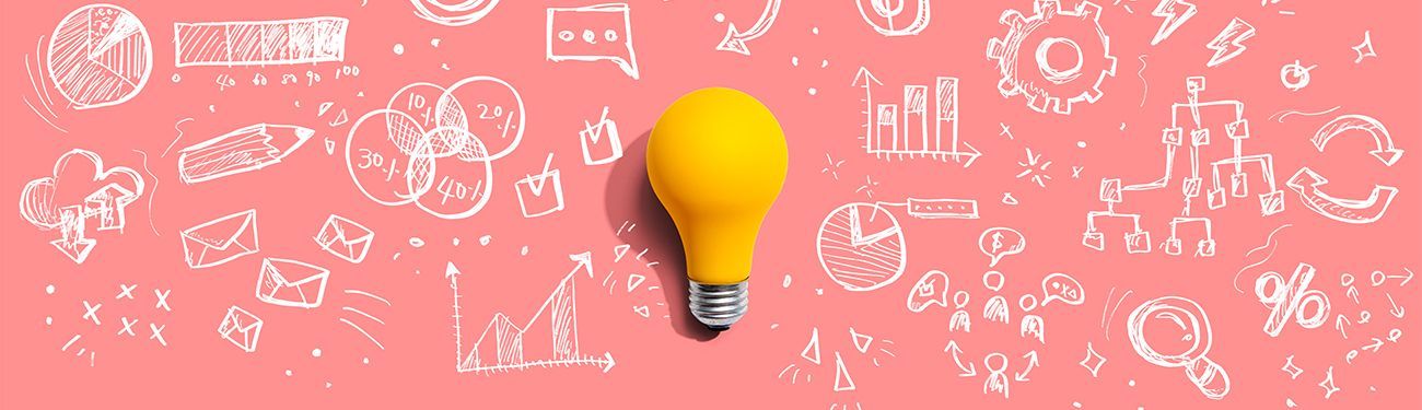 Yellow lightbulb on a pink background with sketched business and data icons.