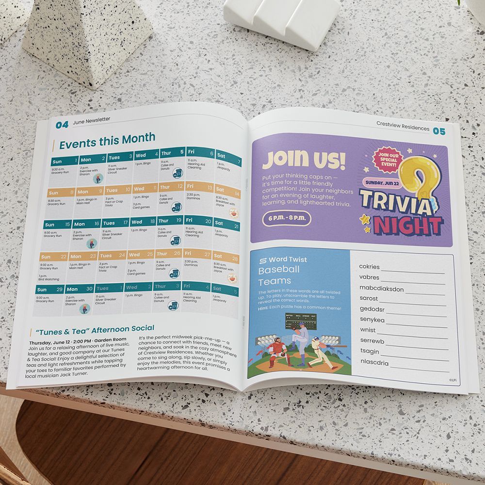 Open newsletter spread with a trivia event advertisement.