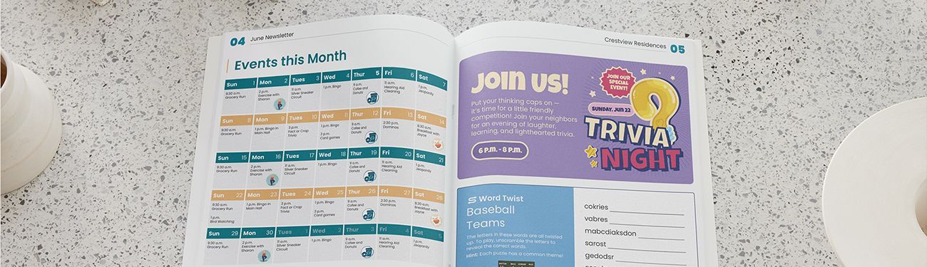 Open newsletter spread with a trivia event advertisement.