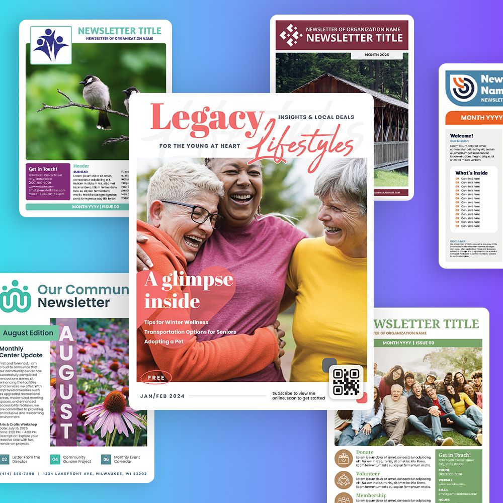 Collage of newsletter covers designed in Canva