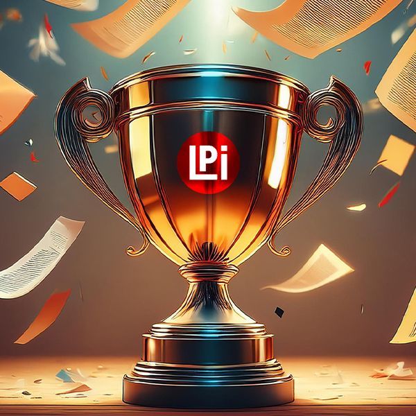 A Golden Trophy Cup with Lpi's logo on it surrounded by flying paper all over the place. 