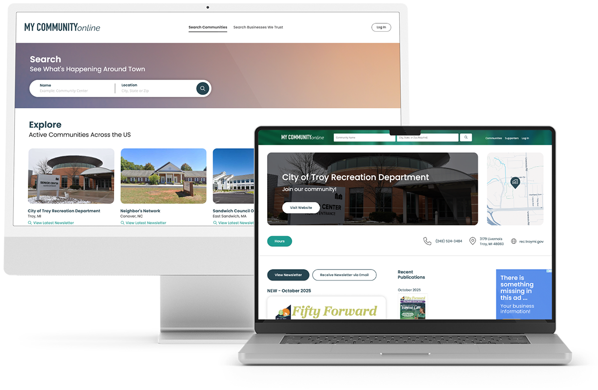 A computer and a laptop with mycommunityonline.com pages showing.