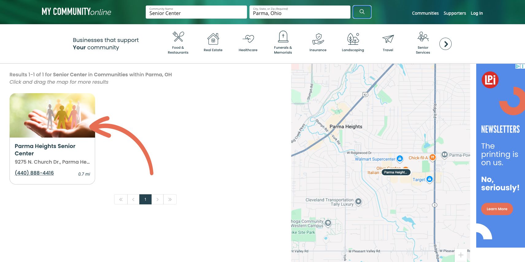 A screenshot of a website called my community online.
