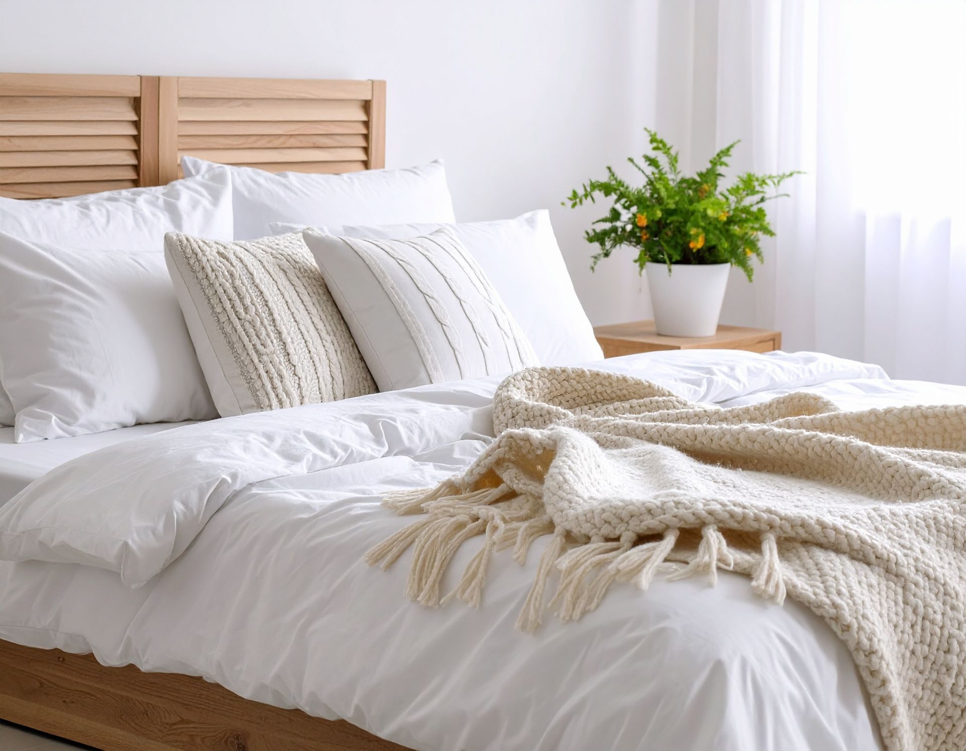 White bedding on a wooden bed, with pillows, a knitted blanket, and a plant on a nightstand.