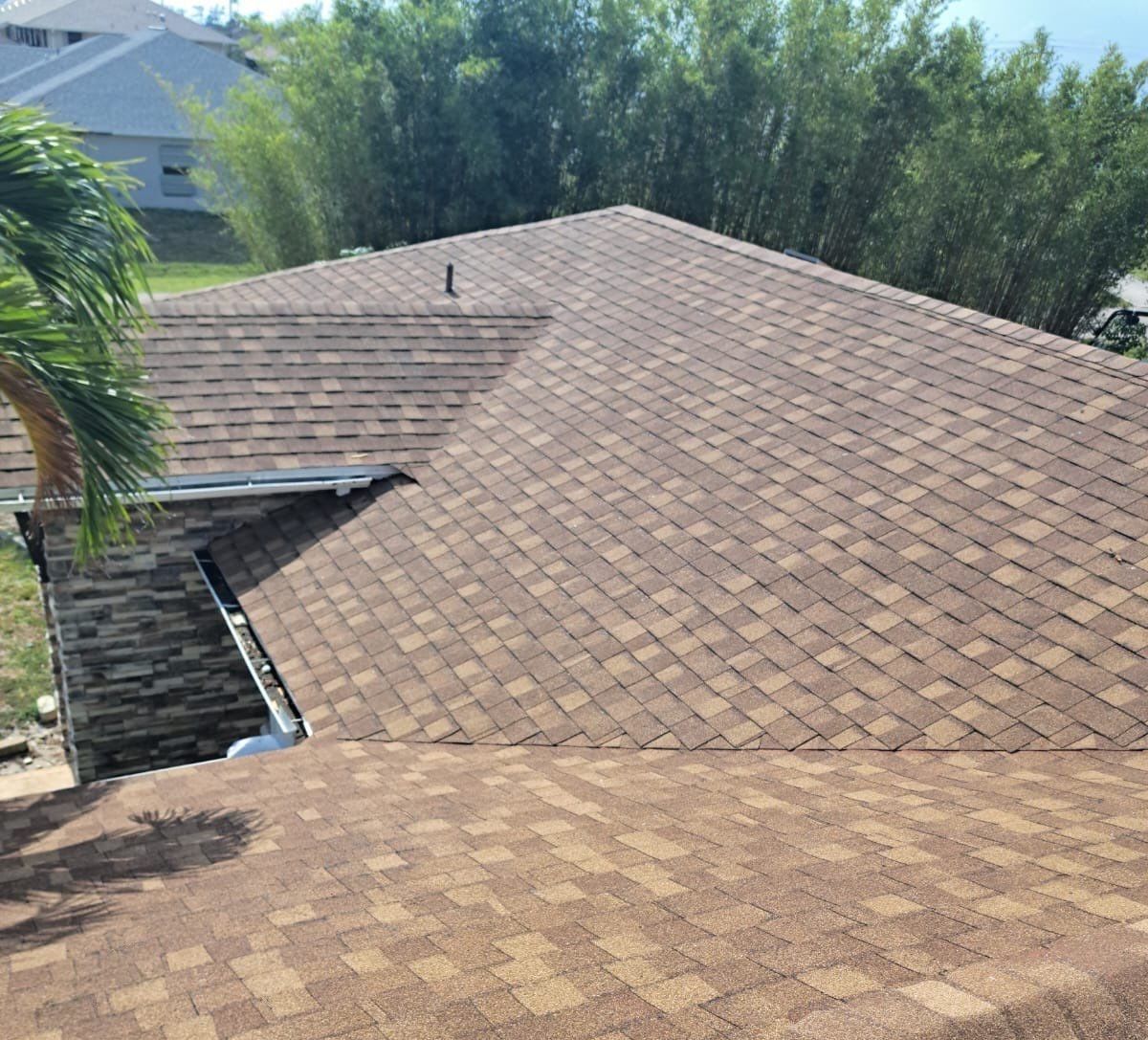 Brown shingle roof with a valley, surrounded by green trees and a palm frond.
