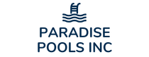 The logo for paradise pools inc shows a ladder in the water.