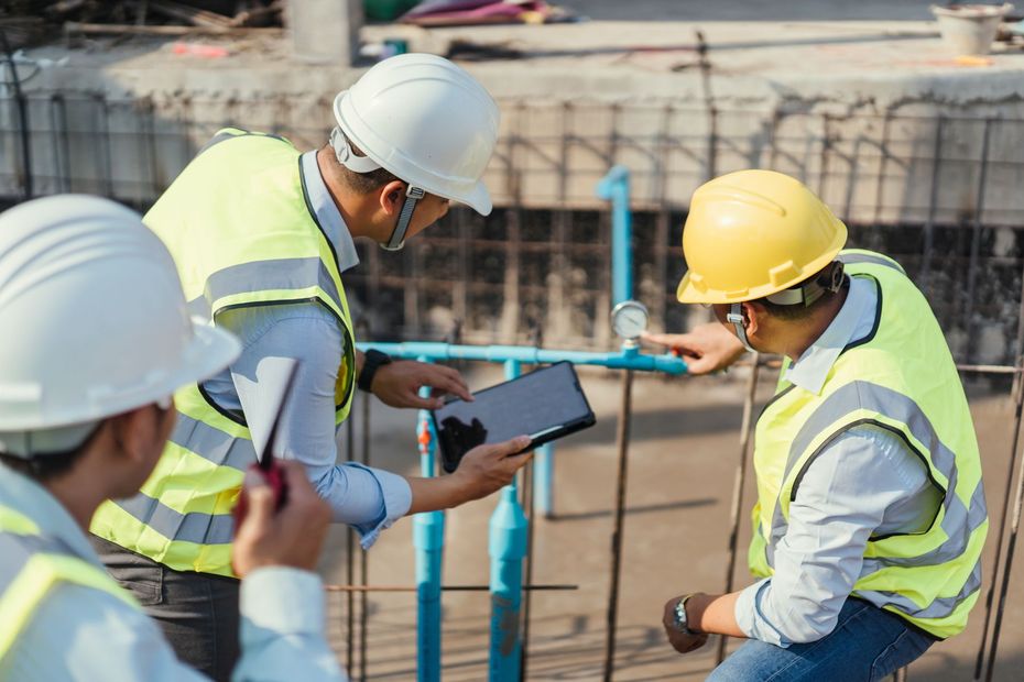 A group of construction workers are working on a pipe at a construction site.