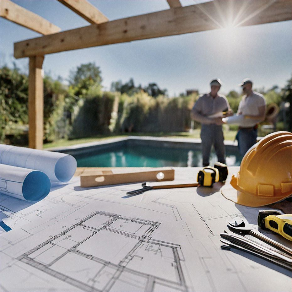 A hard hat is sitting on top of a blueprint next to a pool.