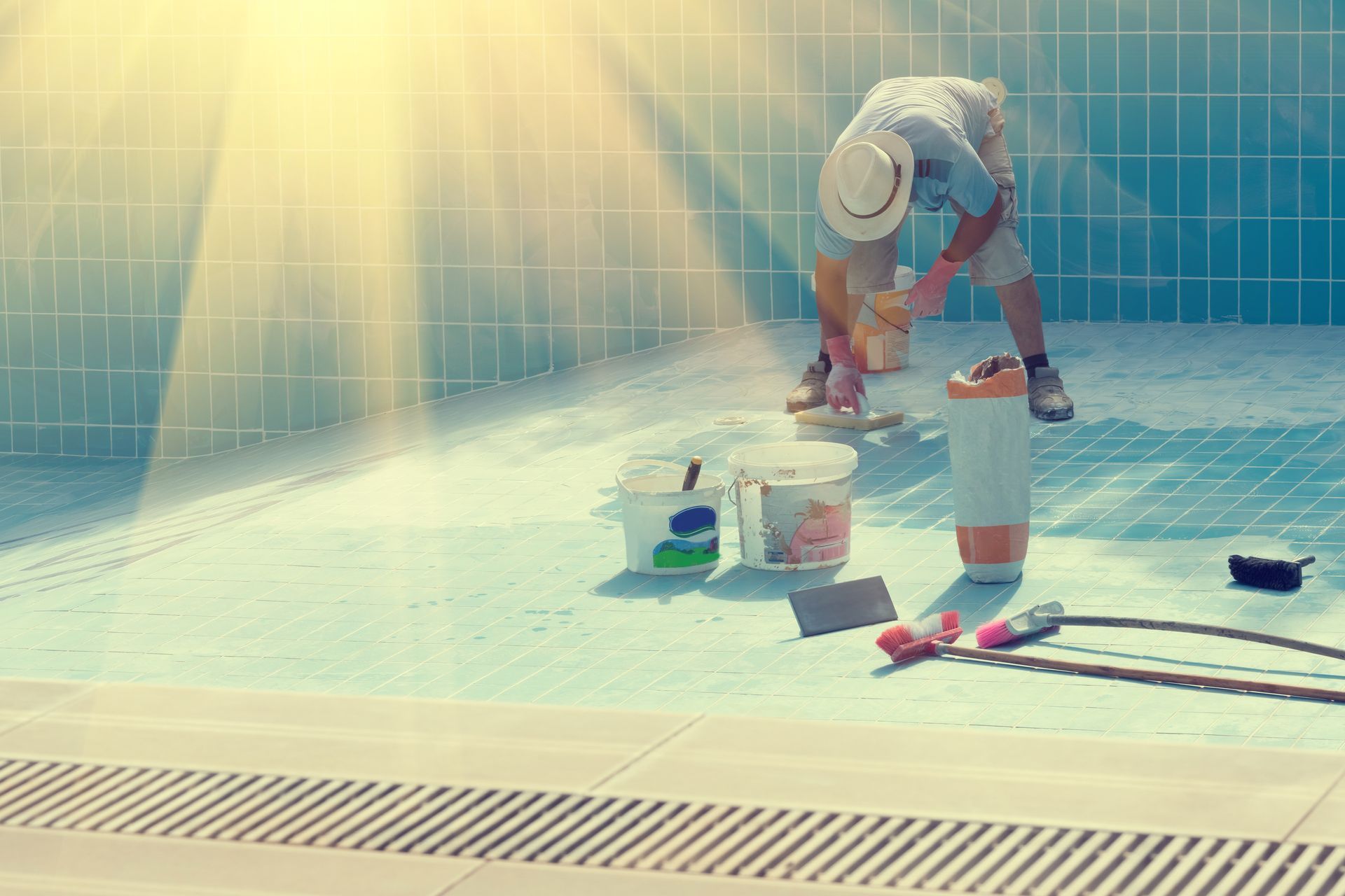 A man is painting the floor of a swimming pool.