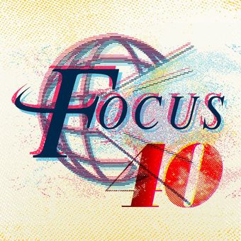 a logo for focus 40 with a globe in the background