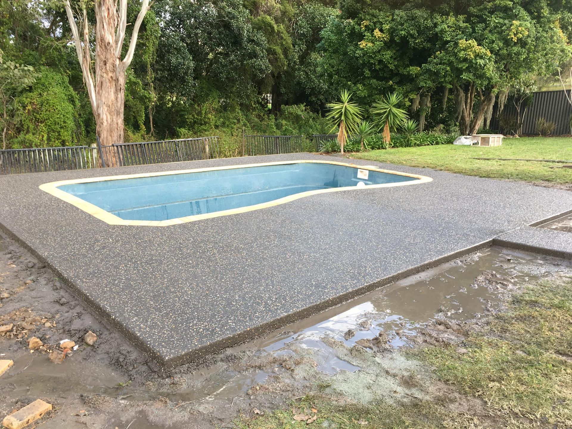 Concrete patio surrounding a pool filled with blue water. Green grass and trees in the background — Rhyno’s Concreting In Old Bar, NSW