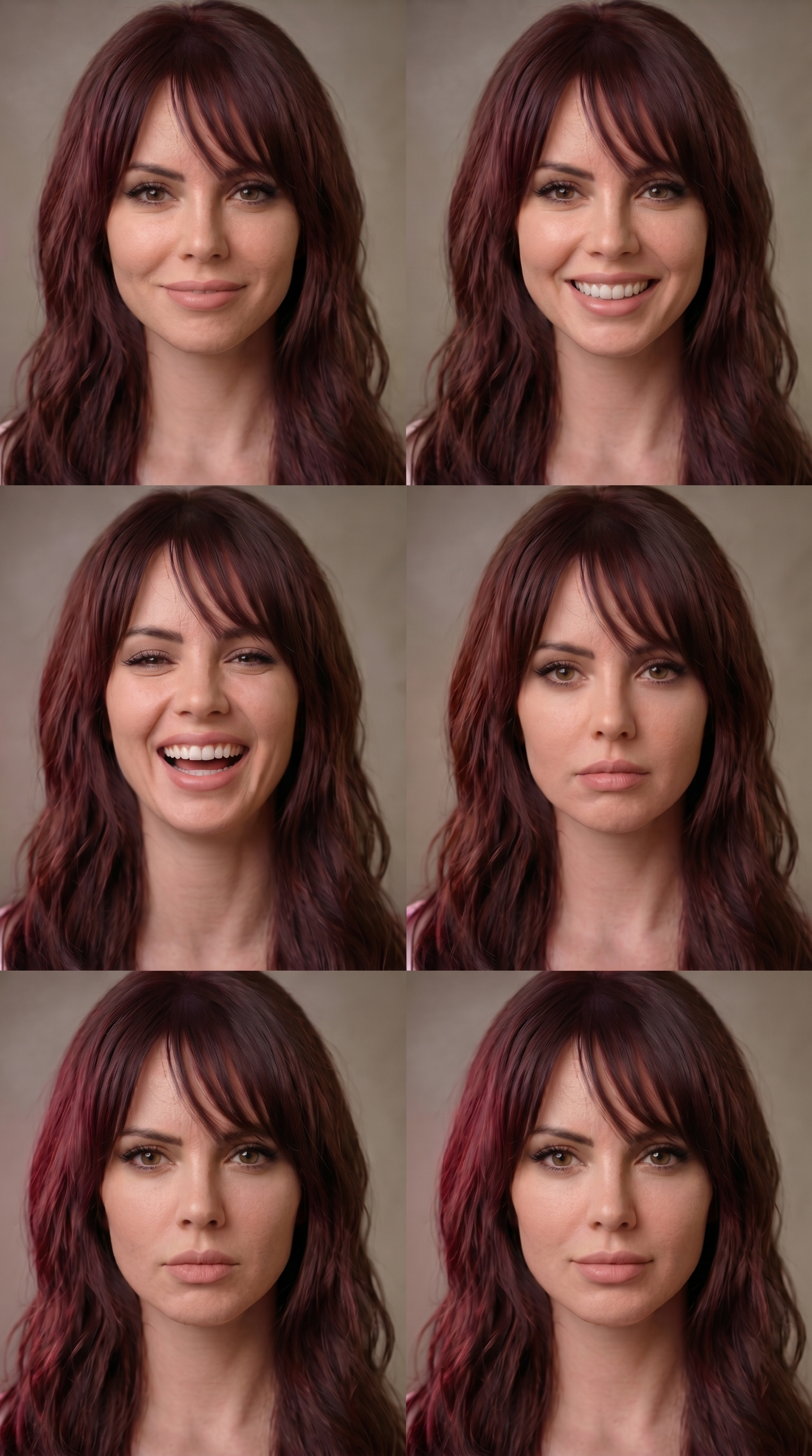 Six portraits of the same woman with varied facial expressions on a white background