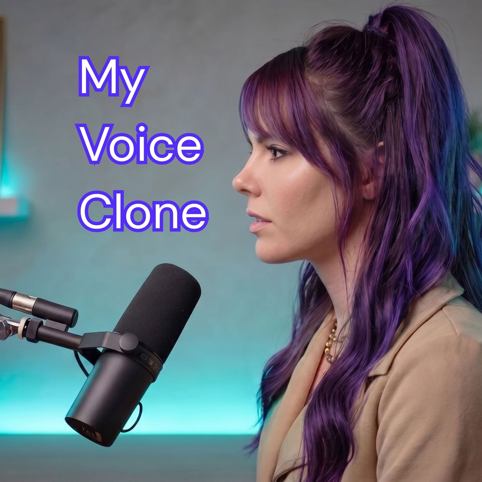 Woman with purple hair speaking into a microphone beside the text “My Voice Clone”