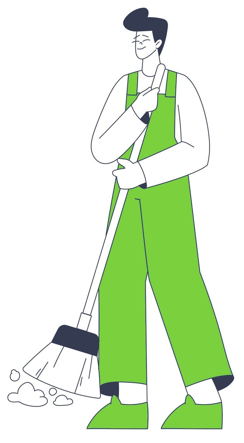 Un uomo con una tuta verde sta spazzando il pavimento con una scopa.