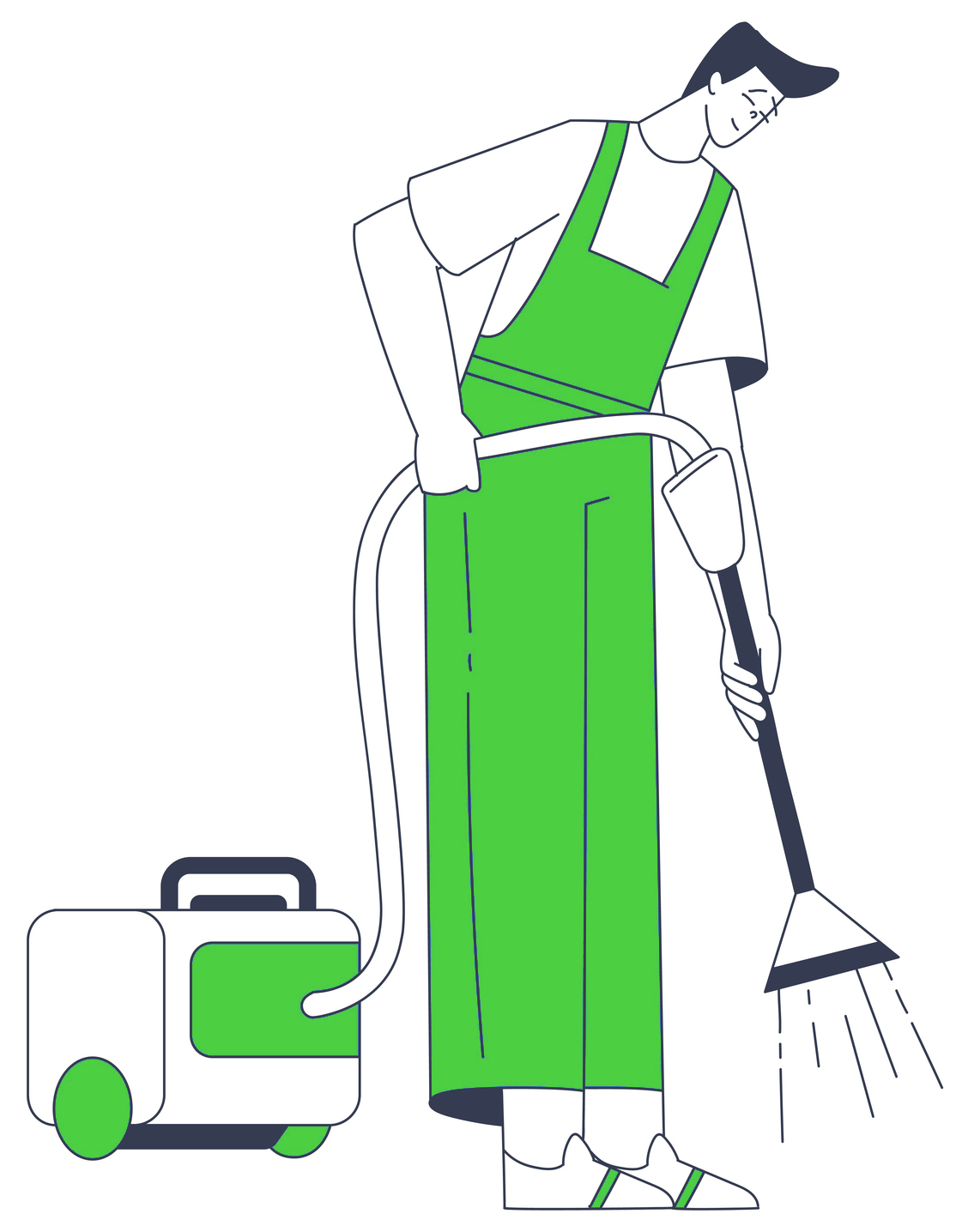 Un uomo con una tuta verde sta pulendo il pavimento con un aspirapolvere.