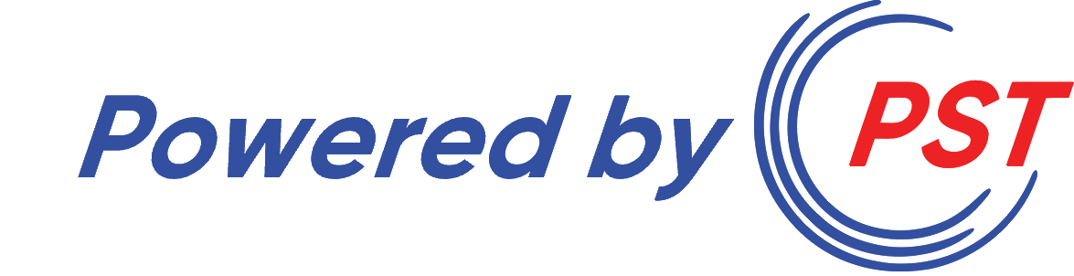 A blue and red logo that says powered by pst