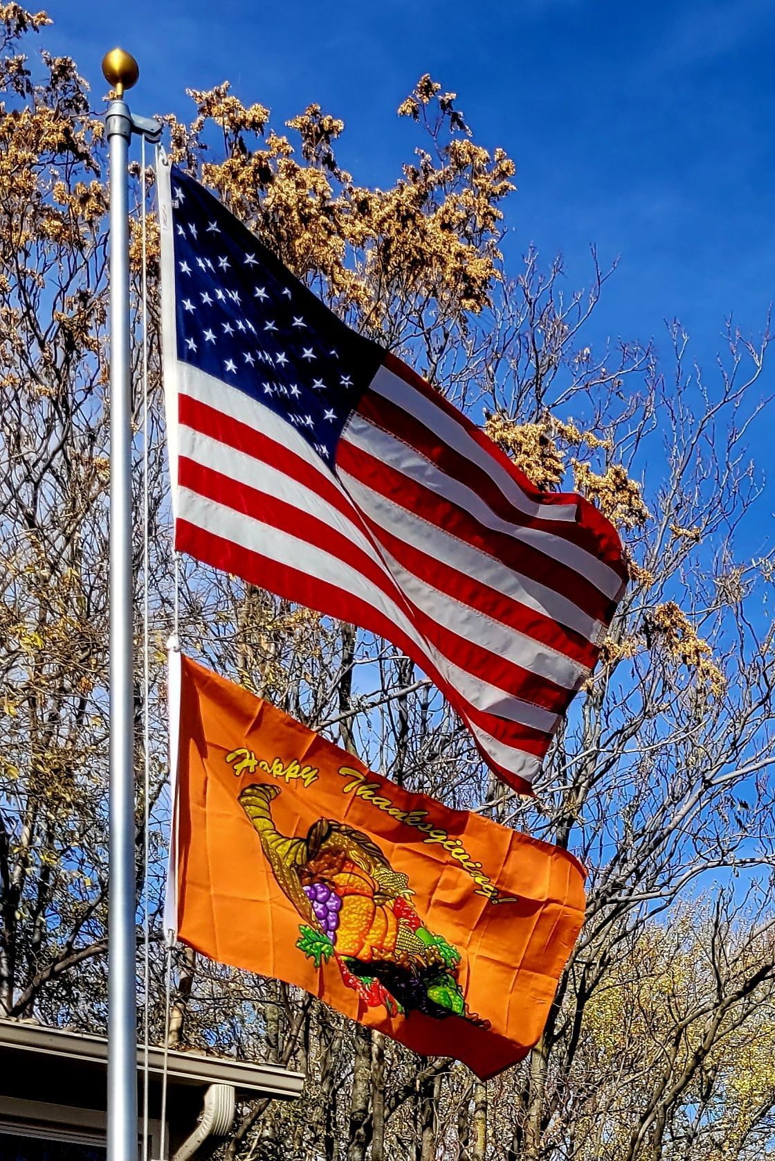 An american flag and an orange flag are flying on a pole