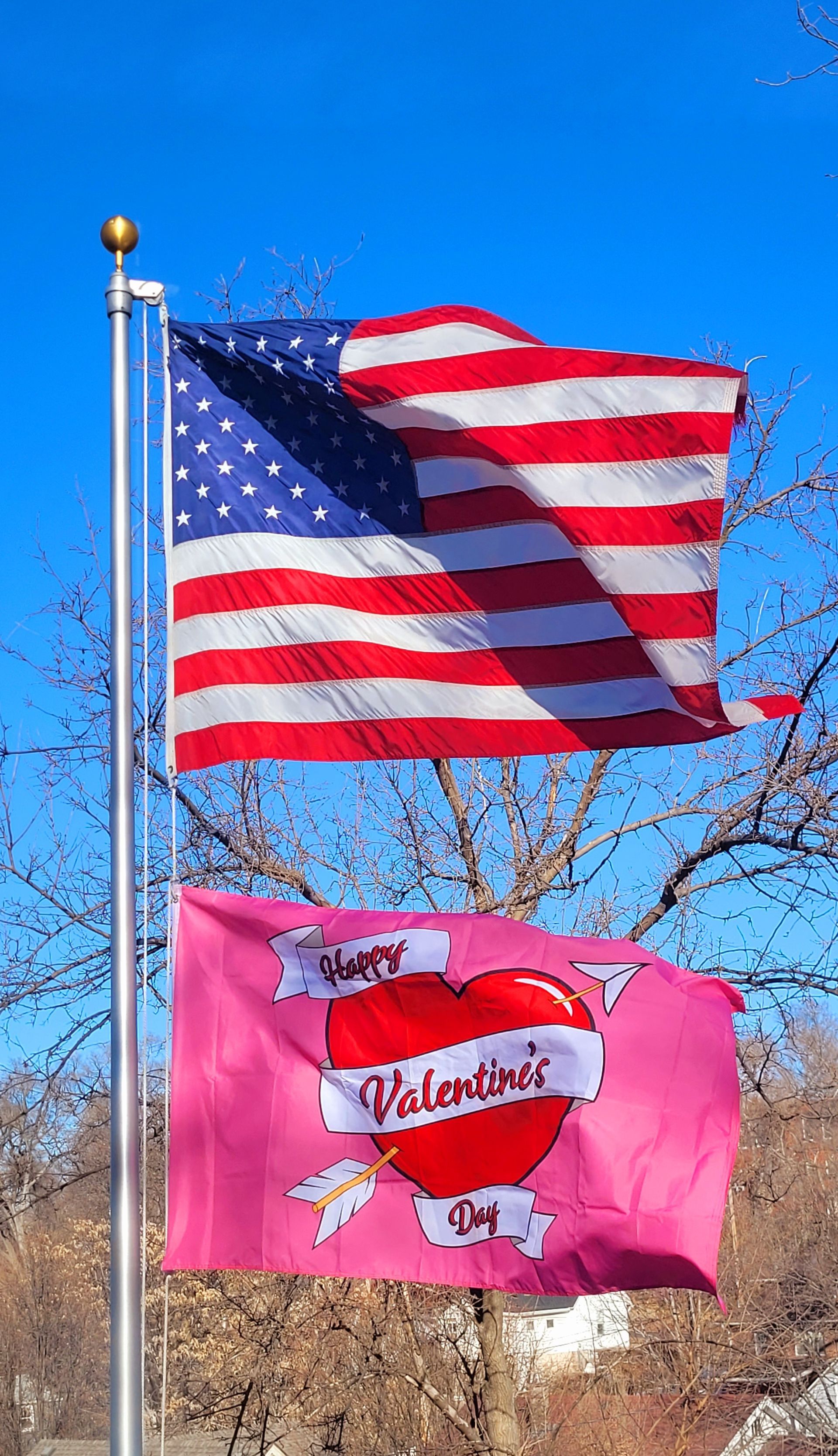 An american flag and a pink valentine 's day flag are flying on a pole.