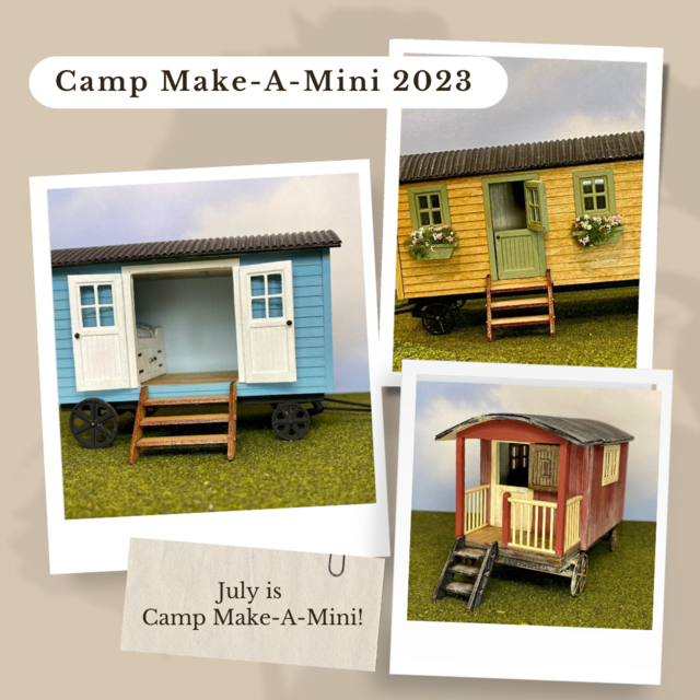 Collage of three tiny campsites on wheels in blue, yellow, and red, titled “Camp Make-A-Mini 2023”