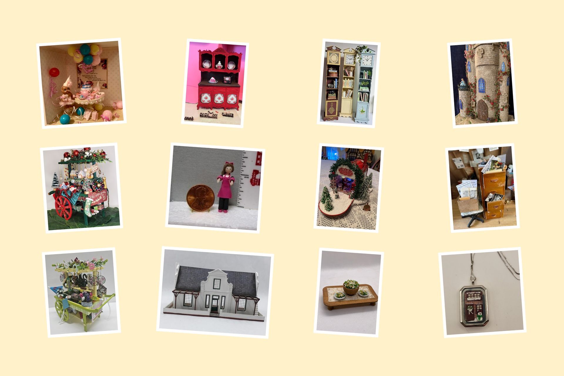 Collage of small framed craft photos arranged in rows on a beige background