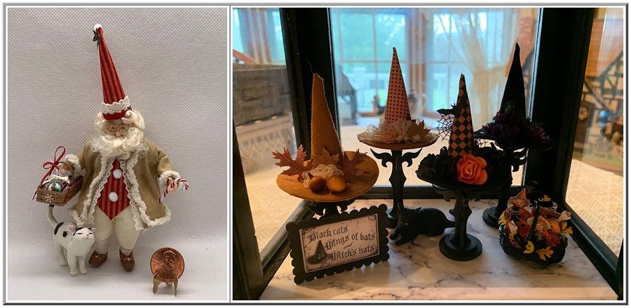 Two doll-like holiday gnomes in red and white, displayed on a table beside a window with decor