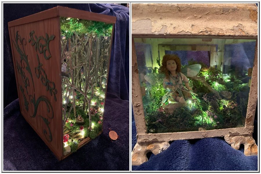 Two side views of a handmade miniature room diorama with lights, plants, and framed figures inside a wooden box