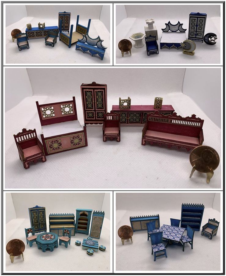 Miniature dollhouse furniture sets in blue, red, and teal arranged in five display panels.