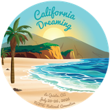 California Dreaming beach poster with palm trees, cliffs, turquoise waves, and sunset sky