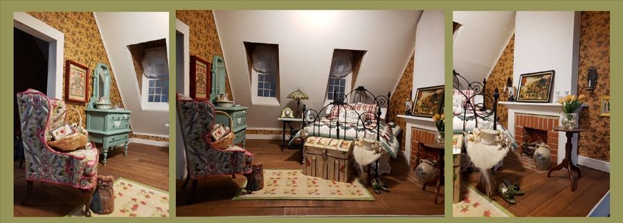 Three views of a cozy living room with floral chairs, a coffee table, and warm beige walls