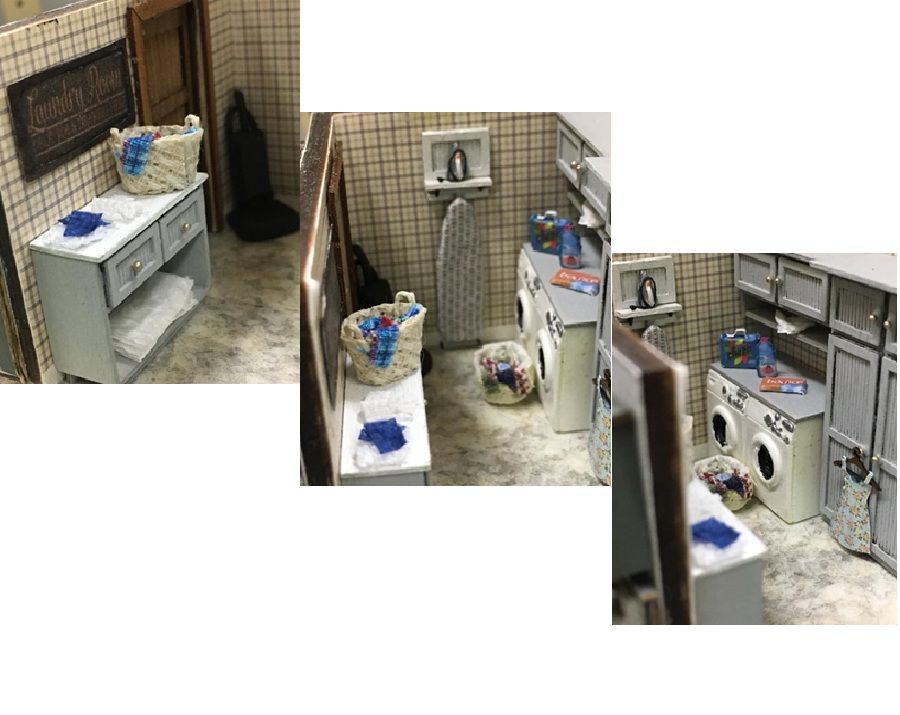 Laundry area with washer, sink, cleaning supplies, and storage shelves in a tiled utility room