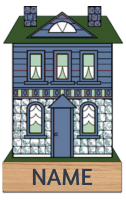 Illustrated blue house with green roof and a wooden sign labeled “NAME” at the bottom