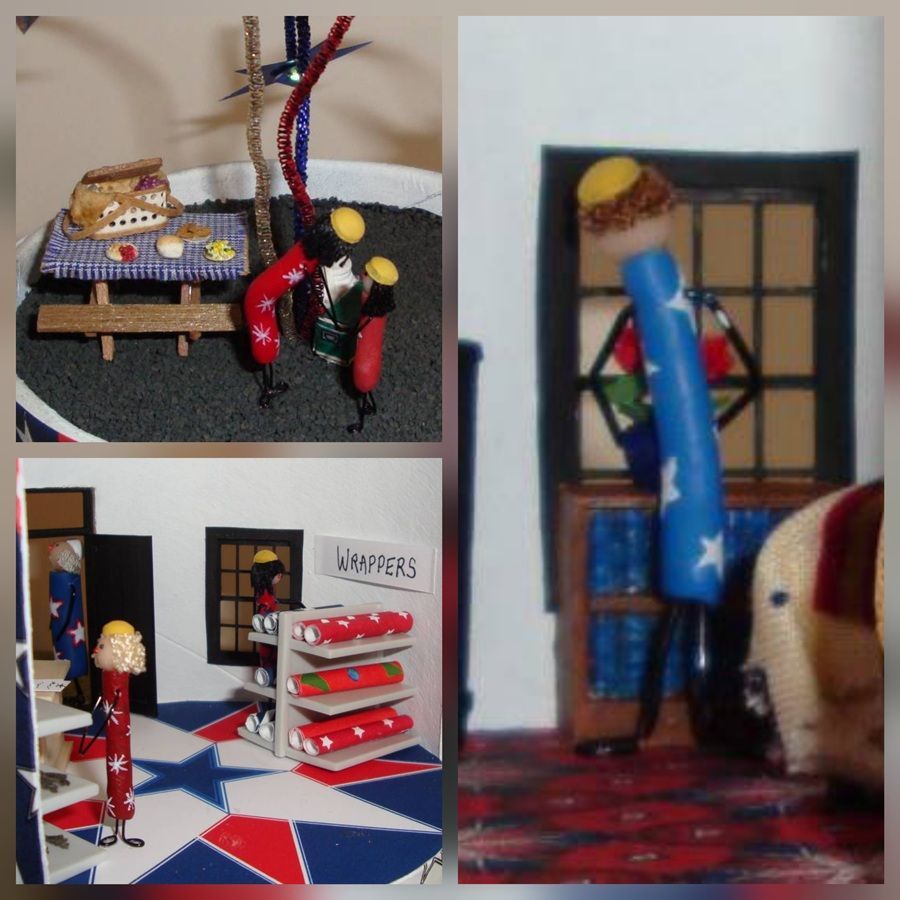 Miniature scene with small figures in a room, including a bed, shelves, and a window; close-up of a blue figure by a door.