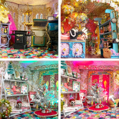 Four colorful collage scenes of a glittery, decorated miniature room with bright ornaments and patterned floors