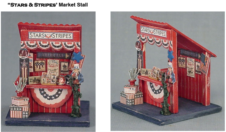 Miniature red, white, and blue Stars & Stripes market stall with bunting and patterned display panels